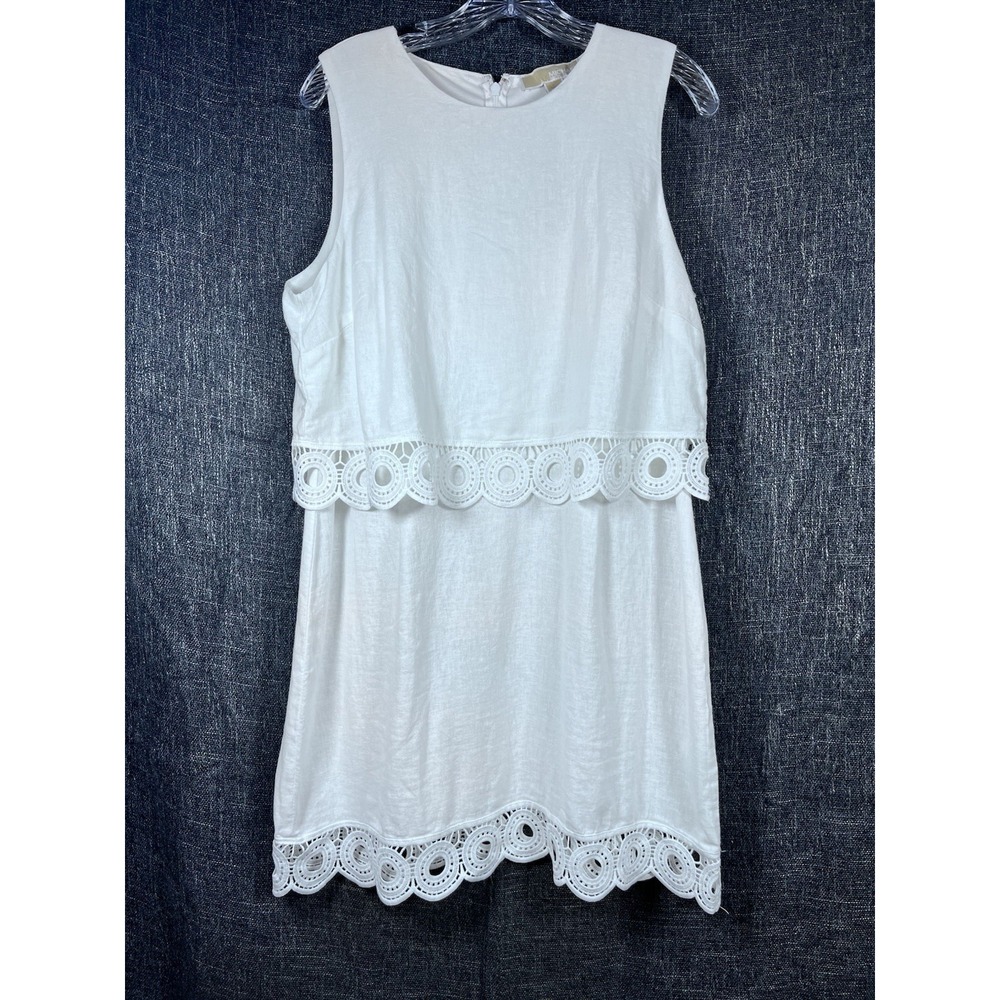 $145 NWT Michael Kors Sz L Dress Linen Blend White Crochet Lace Trim Overlay New